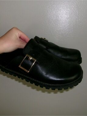 Micheal Kors Black Leather Slip-On Clog with Gold Buckles